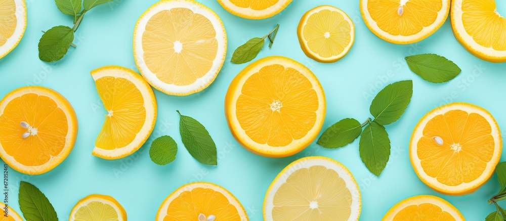 A food concept featuring a top view fruit background with orange slices lemon slices and mint in a seamless pattern providing ample copy space