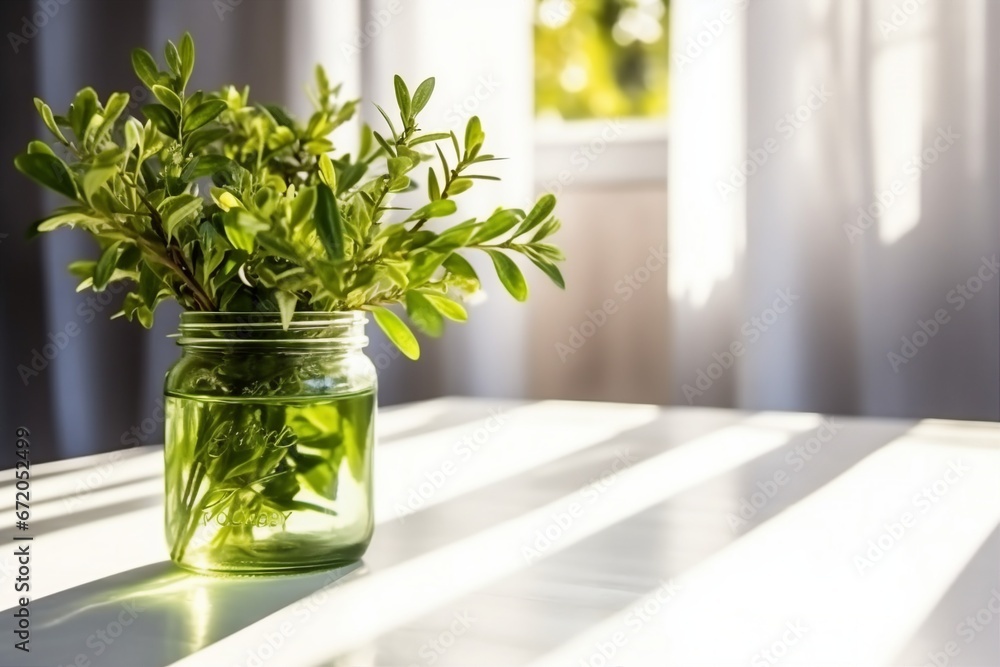 Morning spring still life, plants ruscus branches in a jar of water. generative ai. Morning spring still life, plants ruscus branches in a jar of water. generative ai.