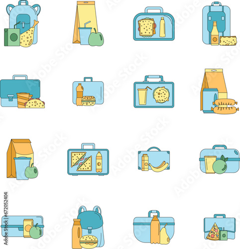 Lunchbox food icons set. Outline illustration of 16 lunchbox food vector icons thin line color flat on white