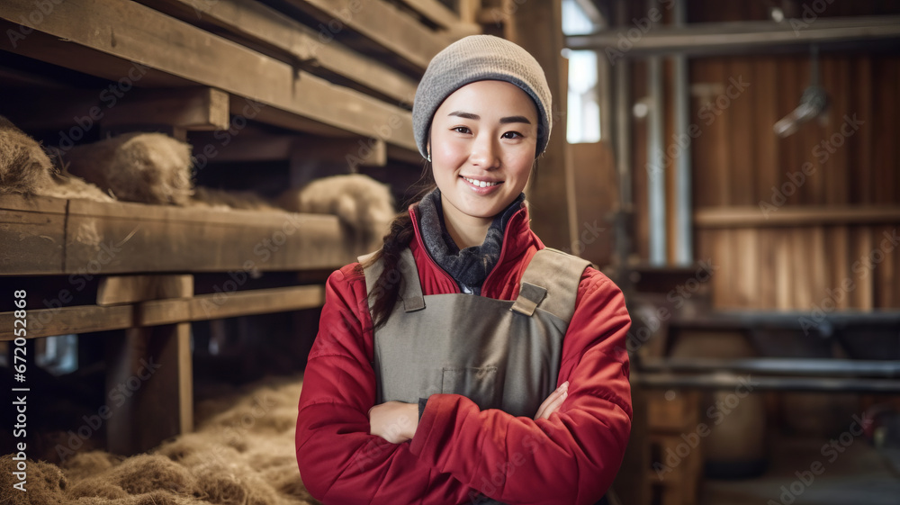 A smiling asian female pig farmer stands with his arms folded in the poultry shed ,generative ai A smiling asian female pig farmer stands with his arms folded in the poultry shed ,generative ai