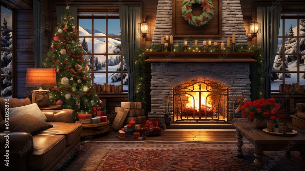Cozy and festive interior with glowing Christmas tree, fireplace, and wrapped gifts in dark room