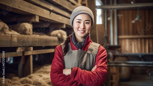 A smiling asian female pig farmer stands with his arms folded in the poultry shed ,generative ai