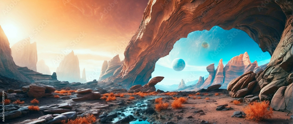 Wide-angle shot of an alien planet landscape. Breathtaking panorama of a desert planet with canyons and strange rock formations. Fantastic extraterrestrial landscape. Sci-fi wallpaper.