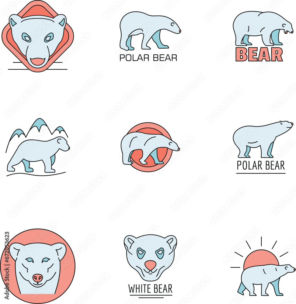 Polar bear baby white icons set. Outline illustration of 9 polar bear baby white vector icons thin line color flat on white
