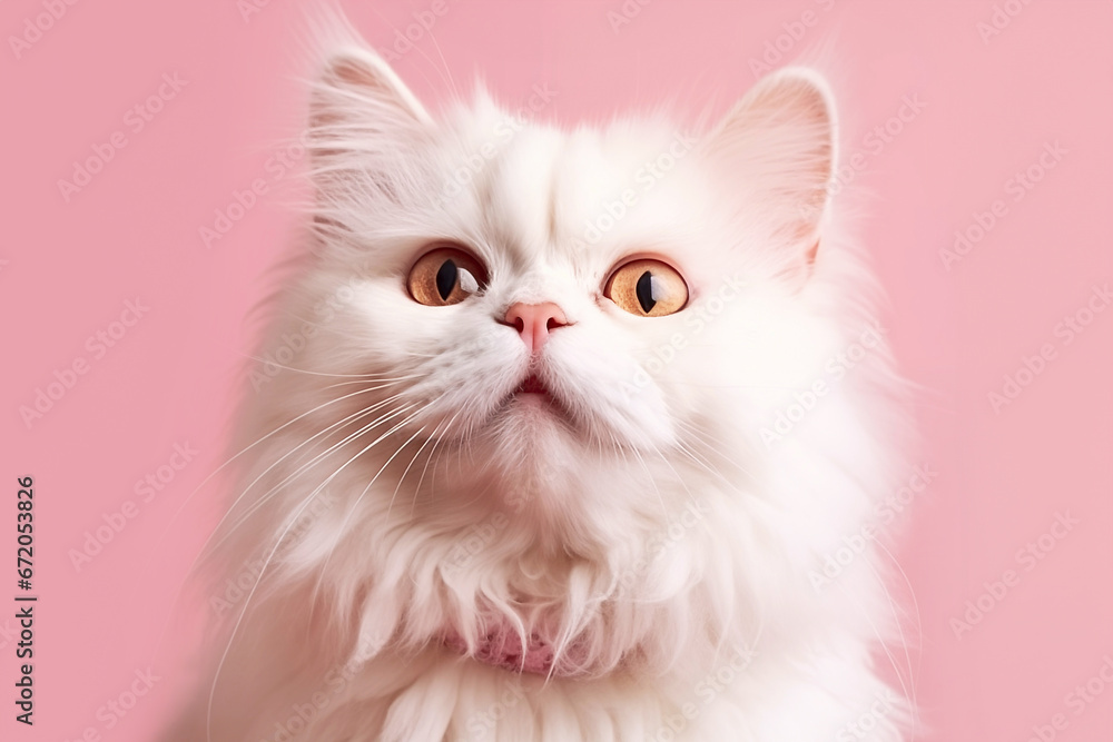 Portrait of a fluffy white cat looking up, close-up on a pink background.