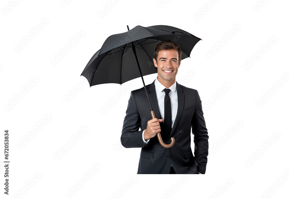 A male businessman stands holding an umbrella, smiling brightly. A male businessman stands holding an umbrella, smiling brightly.