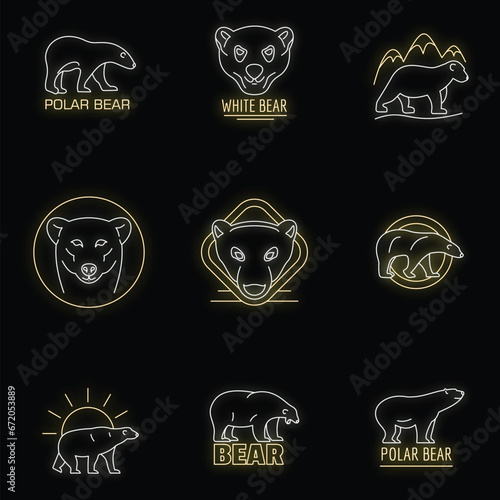 Polar bear baby white icons set. Outline illustration of 9 polar bear baby white vector icons neon color on black