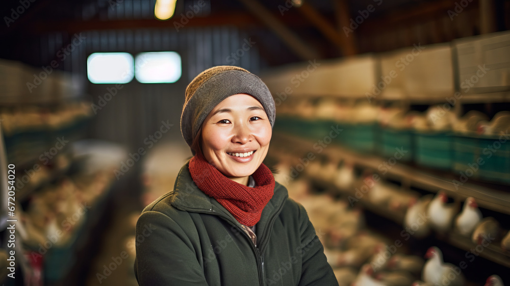 A smiling asian female chicken farmer stands with his arms folded in the poultry shed .Generative AI A smiling asian female chicken farmer stands with his arms folded in the poultry shed .Generative AI