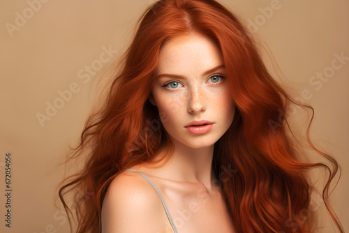 Young adult woman beauty female redhead model, attractive 20s lady with long red hair beautiful face healthy skin looking at camera isolated at beige pastel background. Aesthetic headshot portrait