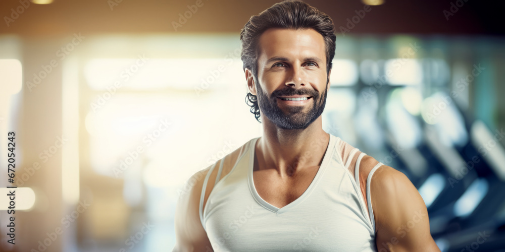 Muscular mature older athlete looking at the camera in a gym near treadmill. healthy lifestyle Muscular mature older athlete looking at the camera in a gym near treadmill. healthy lifestyle