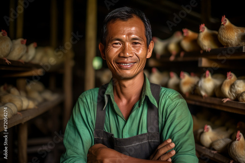 A smiling asian male chicken farmer stands with his arms folded in the poultry shed generative ai