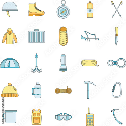 Mountaineering equipment icons set. Outline illustration of 25 mountaineering equipment vector icons thin line color flat on white