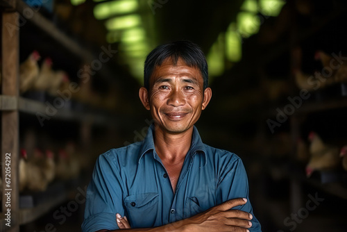 A smiling asian male chicken farmer stands with his arms folded in the poultry shed generative ai