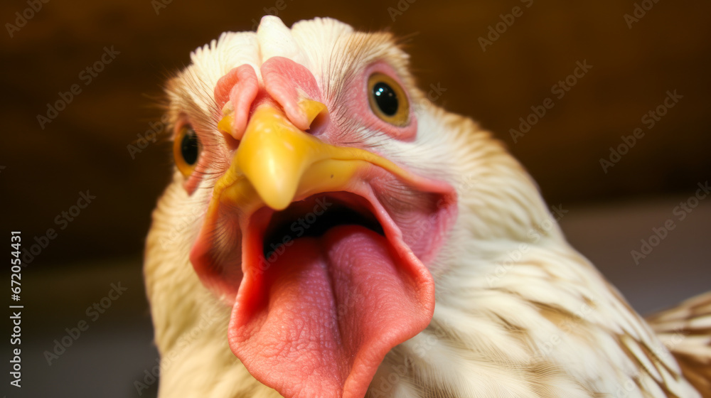 Close-up of a hen's beak in a humorous manner