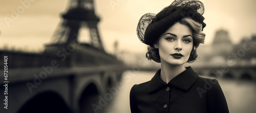 Elegant French woman in black outfit with hat, vintage style, by Seine River and Eiffel Tower. © XaMaps