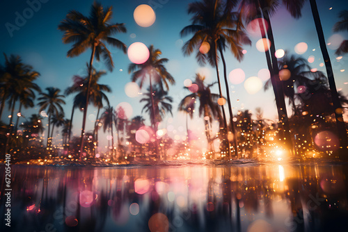 Silhouette Tropical Palm Trees At Sunset - Summer Vacation With Vintage Tone And Bokeh Lights © Alex Bur