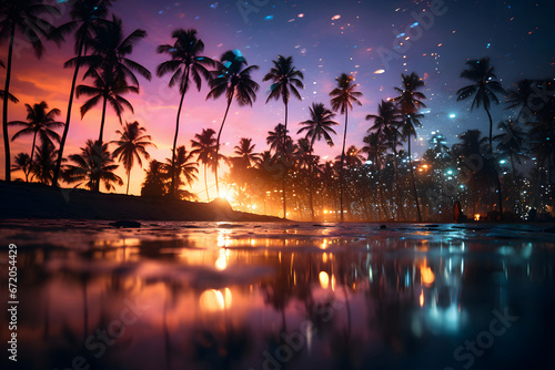 Silhouette Tropical Palm Trees At Sunset - Summer Vacation With Vintage Tone And Bokeh Lights