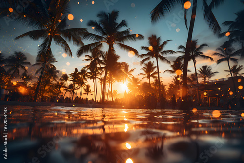 Silhouette Tropical Palm Trees At Sunset - Summer Vacation With Vintage Tone And Bokeh Lights © Alex Bur