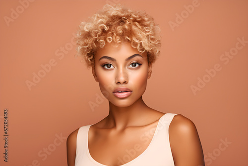 Young adult happy Black woman beauty female model, pretty cool gen z African lady with short blond hair healthy face skin and nose piercing looking at camera isolated at beige background photo