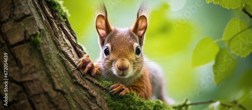 A youthful squirrel observed by the camera while situated within a tree © 2rogan