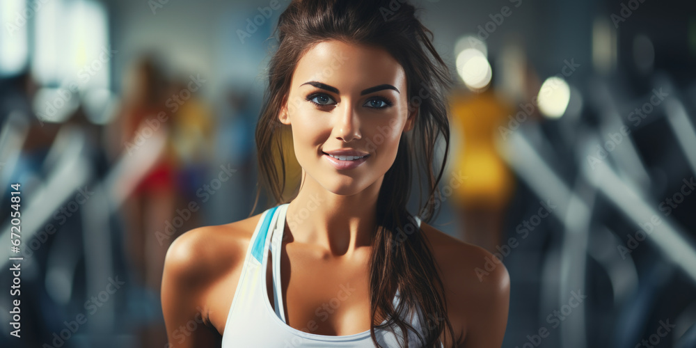 Young sporty woman doing sport in the gym center, run on treadmill . Healthy lifestyle