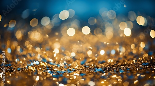 Abstract glitter lights background in blue, gold and black colors. De-focused bokeh effect. Banner for festive, celebration or party themes.