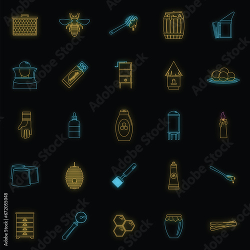 Propolis honey royal jelly icons set. Outline illustration of 25 propolis honey royal jelly vector icons neon color on black