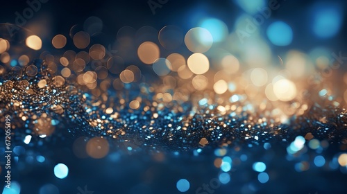Abstract glitter lights background in blue, gold and black colors. De-focused bokeh effect. Banner design element.