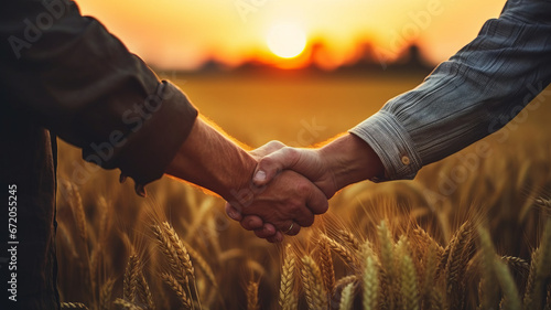 Two farmers shake hands in front of a wheat field.genearative ai