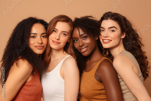 close up of Smiling confident diverse young women isolated on beige background. Happy multi ethnic ladies, four multicultural girls friends beauty underwear models group hugging looking at camera photo