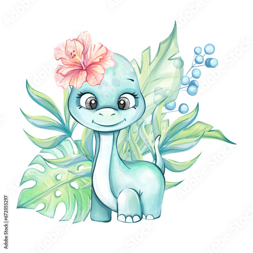 Watercolor baby dinosaur with tropical leaves. Diplodocus Clipart for babyshower, nursery, decor, stickers, prints with historical animals. Isolated © Yekaterina Kashutina