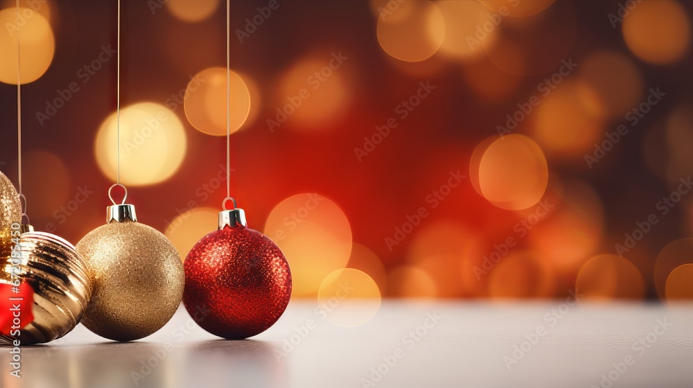 Christmas balls banner with copy space on blur background Christmas balls banner with copy space on blur background