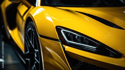 Part of front end of a yellow sport car, headlights and part of wheel showing. Close-up photograph of the body of a yellow super sports car photo