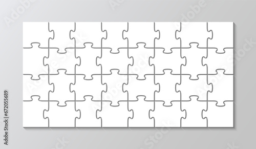 Puzzle template with 4x8 details. Puzzle pieces grid. Jigsaw layout. Laser cut frame. Vector illustration. Thinking mosaic game with 40 separate shapes on background. Paper leisure toy.