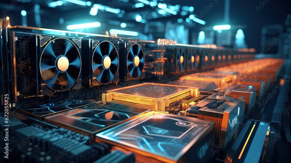 Bitcoin and others cryptocurrencies mining farm. GPU graphic cards rig for cryptocurrency mining. 3d illustration - obrazy, fototapety, plakaty 