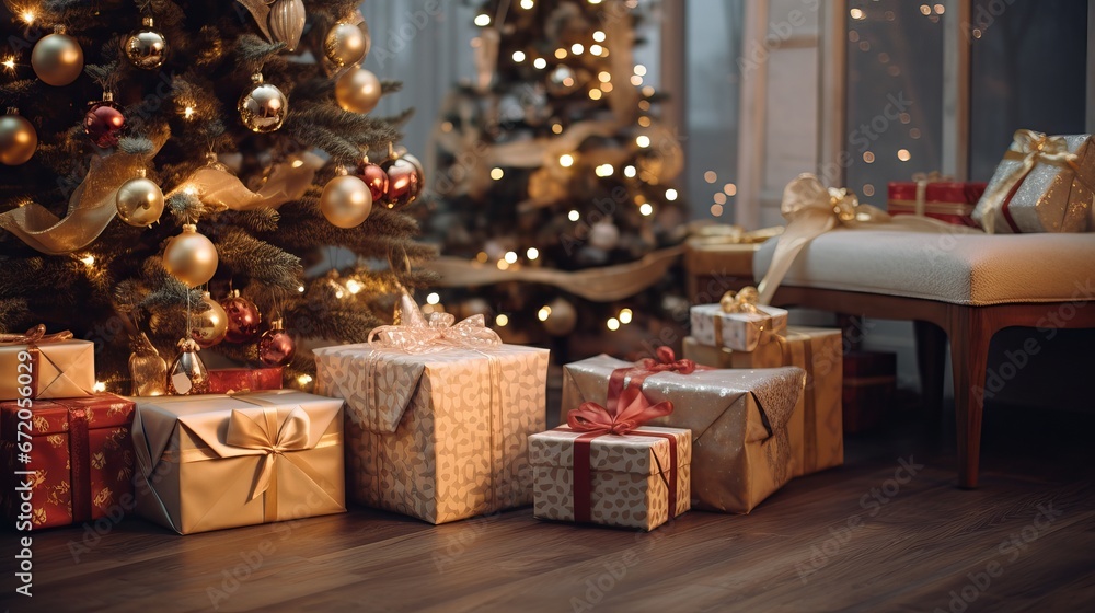 Charming Christmas gift boxes by festive fir tree in cozy room setting