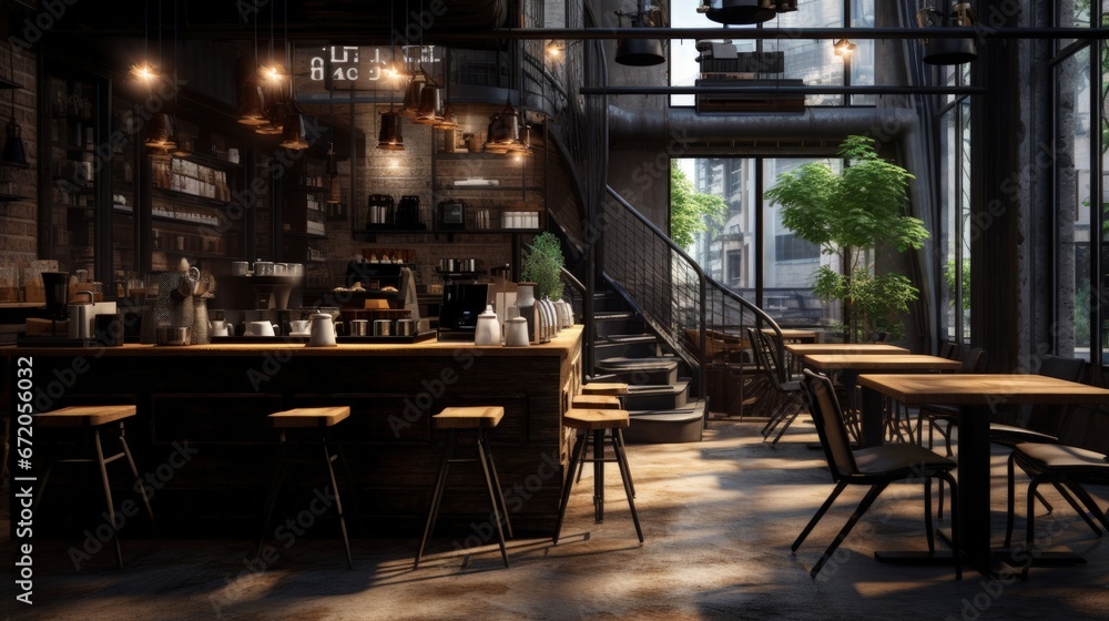 The layout in a dark loft style opens up inside the cafes. welcome to open coffee shop background