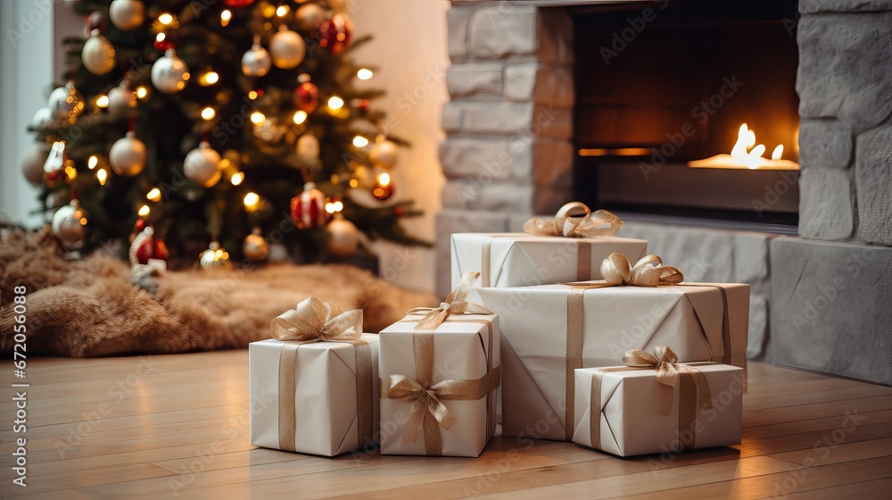 Festive Christmas scene with colorful gift boxes and fir tree in cozy room Festive Christmas scene with colorful gift boxes and fir tree in cozy room
