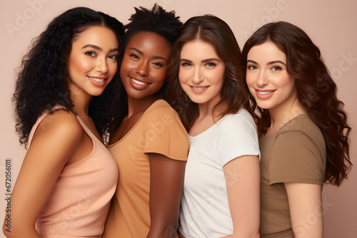 close up of Smiling confident diverse young women isolated on beige background. Happy multi ethnic ladies, four multicultural girls friends beauty underwear models group hugging looking at camera