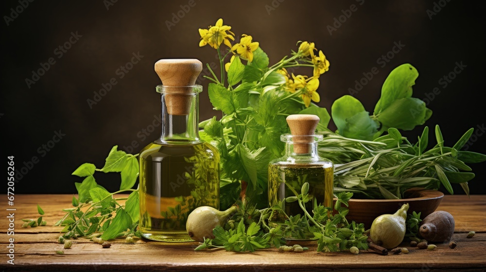 Fresh herbs and medical oil bottle Fresh herbs and medical oil bottle