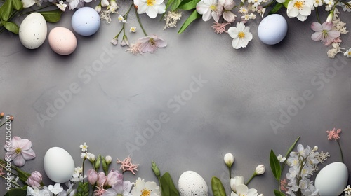 Spring Easter holiday. background. Zero waste Easter concept with traditional Easter decoration - eggs, flowers, branches, bunny. Eco friendly lifestyle, Above copy space