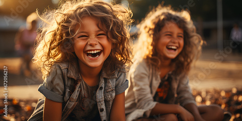 Happy children with curly hair smiling happily at the camera in the rays of the sun, street landscape in the background