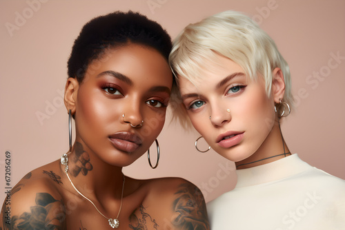 close up of Cool gen z girls cool diverse inclusive faces beauty models faces with piercing tattoos short blond hair isolated on beige background Two African European young women advertising skin care photo