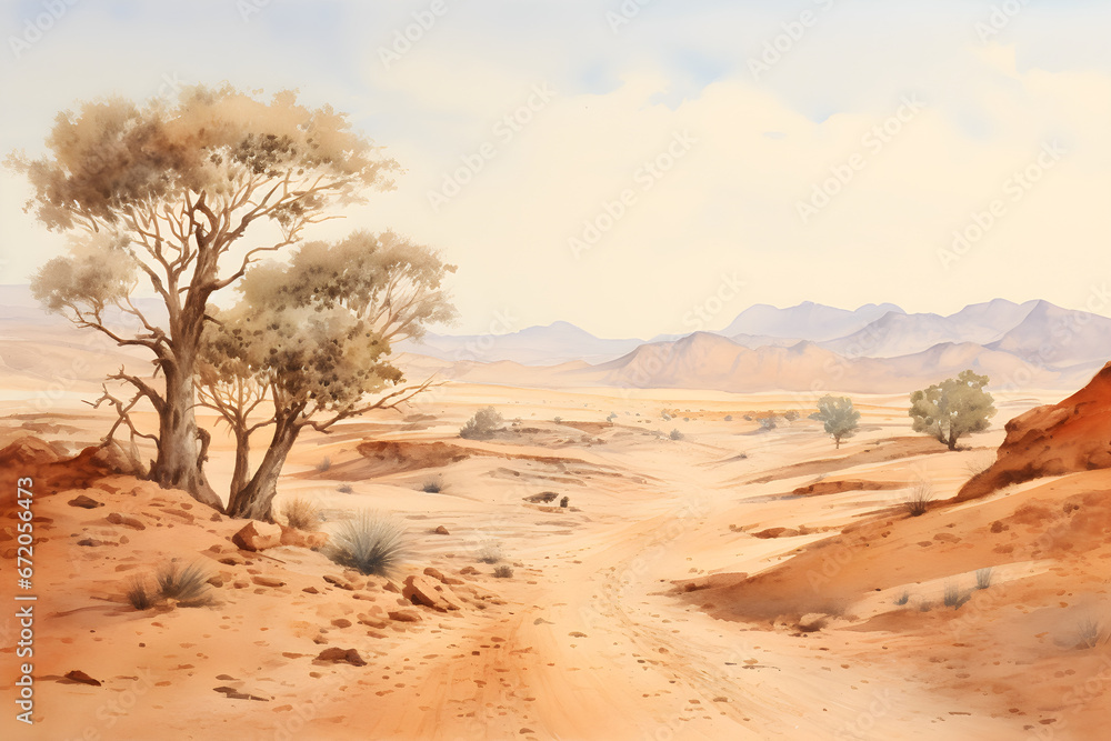 watercolour painting of the desert landscape, a picturesque arid environment in soft natural harmonious colours
