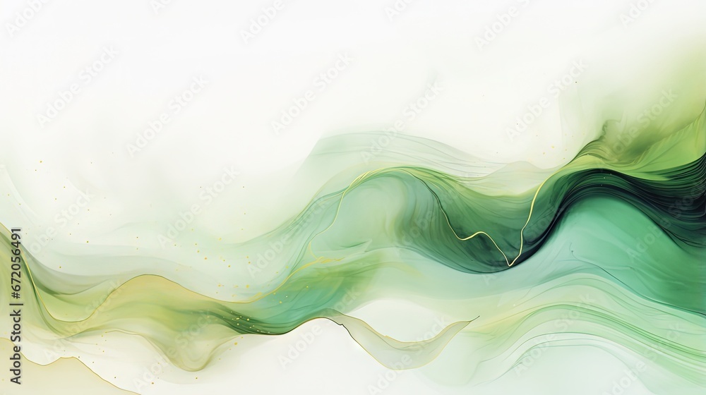 Modern watercolor background or elegant card design for birthday invite or wedding or menu with abstract green ink waves and golden splashes. - obrazy, fototapety, plakaty 