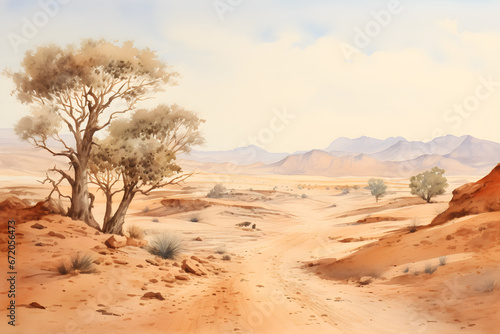 watercolour painting of the desert landscape, a picturesque arid environment in soft natural harmonious colours