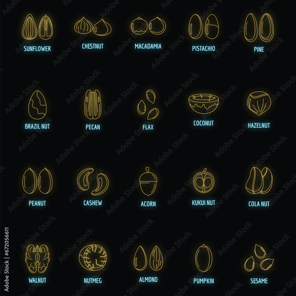 Nut types with signed names icons set. Outline illustration of 20 nut types with signed names vector icons neon color on black