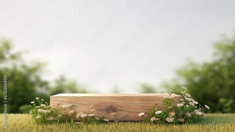 Fototapeta premium Wood podium in meadow for product presentation and on white background.3d rendering