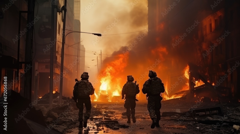 Panoramic view to the destroyed city after the war. Dramatic scene of the Bombed out, burning and fuming city. Human suffering and war. Ruined, deserted city after war with dark clouds