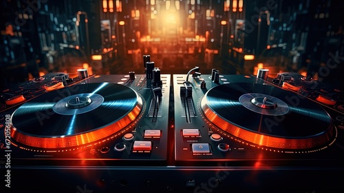 Dj music background. Professional disc jockey headphones and turntable in close up